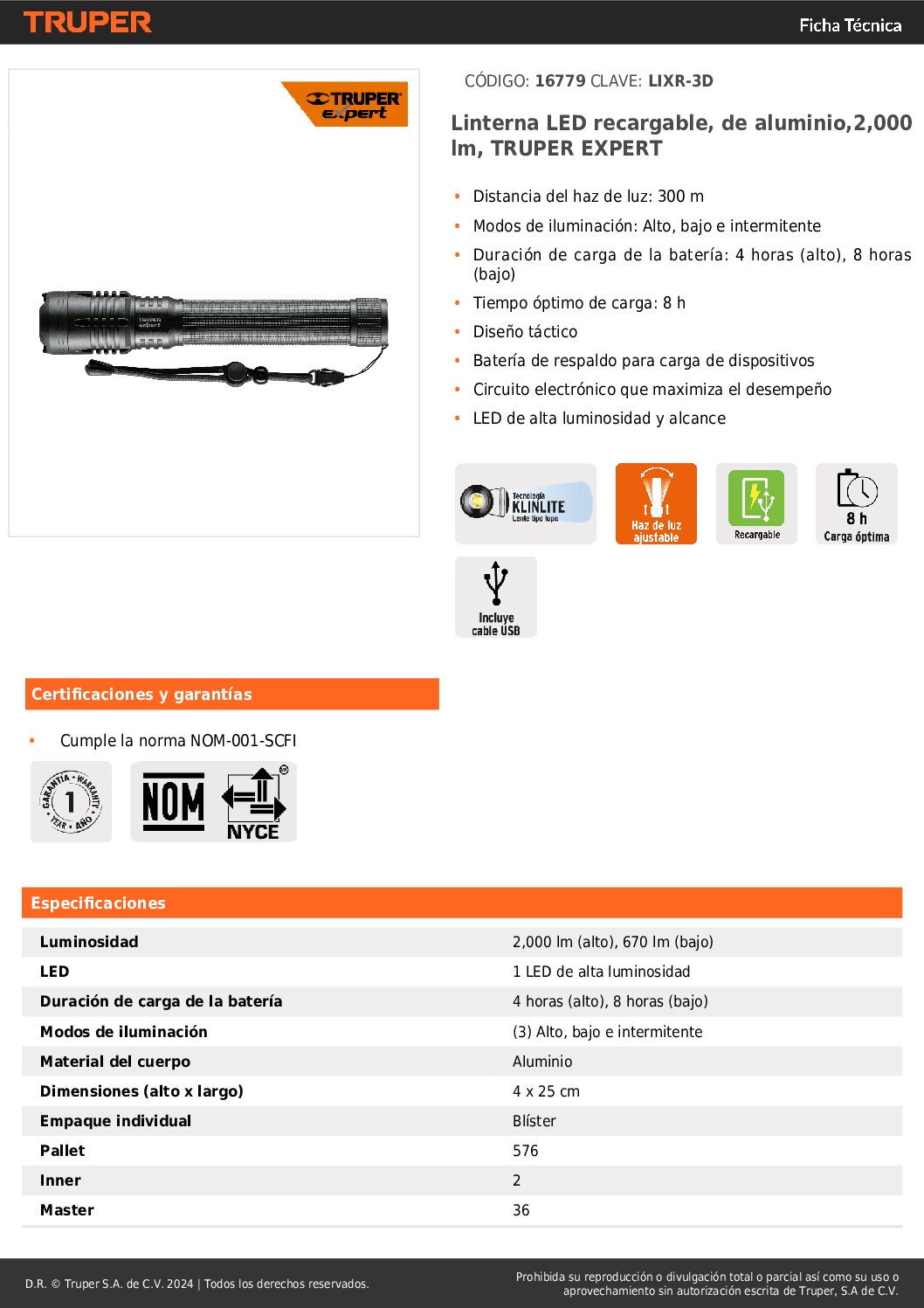 Linterna LED recargable, 2000lm Truper Expert 16779 (Código-29562) - Imagen 2