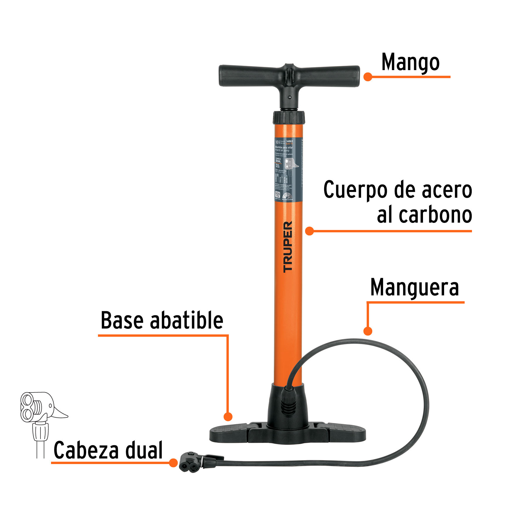 Bomba manual para inflar, 100 PSI, TRUPER (código-1852) - Imagen 2