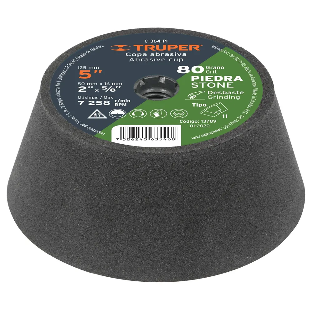 Copa desbaste de piedra 5" grano 80, eje 5/8-11, Truper (código-25220)