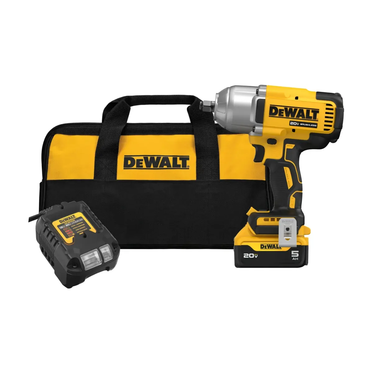 Llave de impacto XR de 20V Max* 1/2 pulgada de alto par con yunque de anillo de cerdo con (1) batería de 5,0 Ah y kit de cargador Dewalt (DCF900P1)