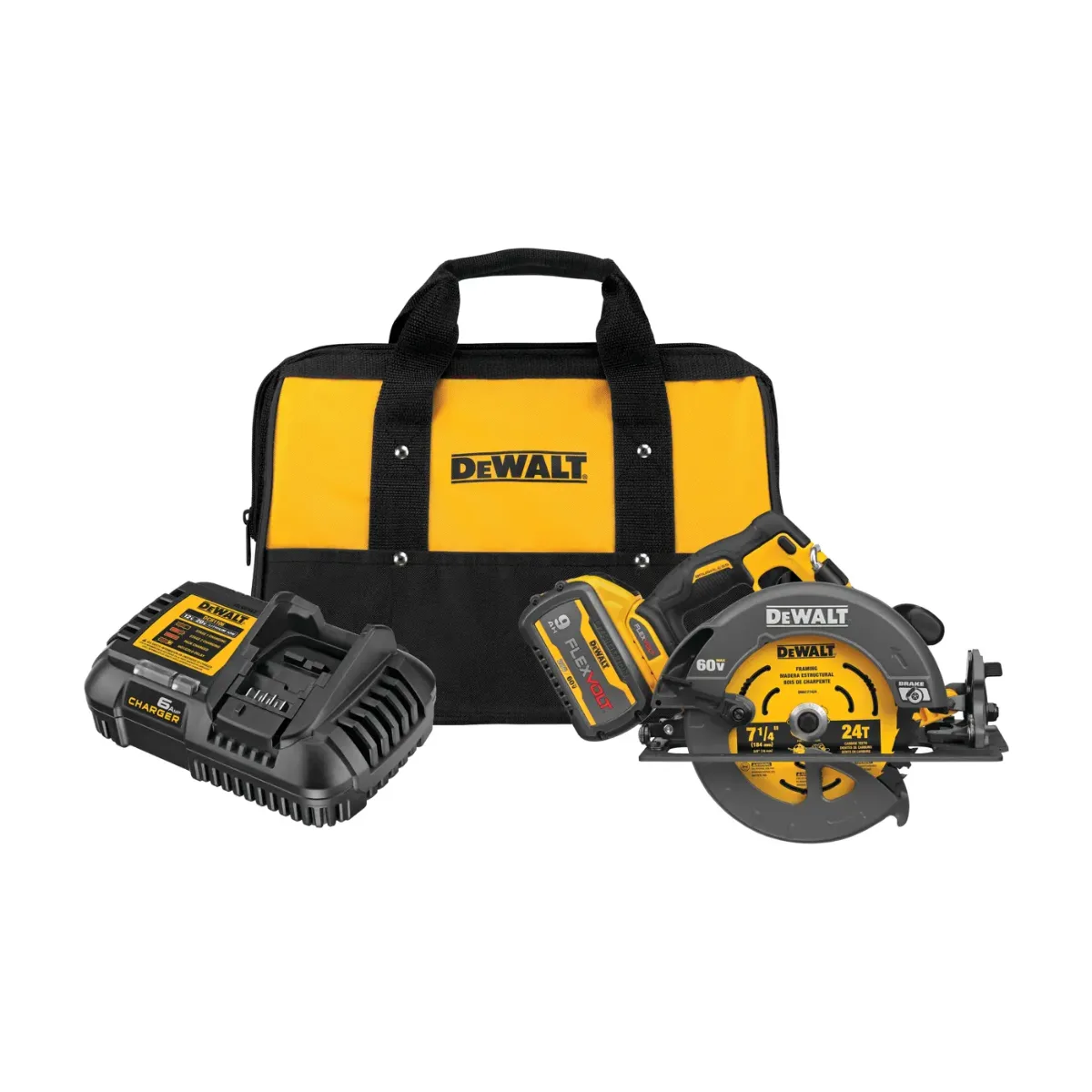 Sierra circular inalámbrica sin escobillas de 60V MAX* de 7 1/4 pulgadas con kit de frenos electrónicos Dewalt (DCS578X1)