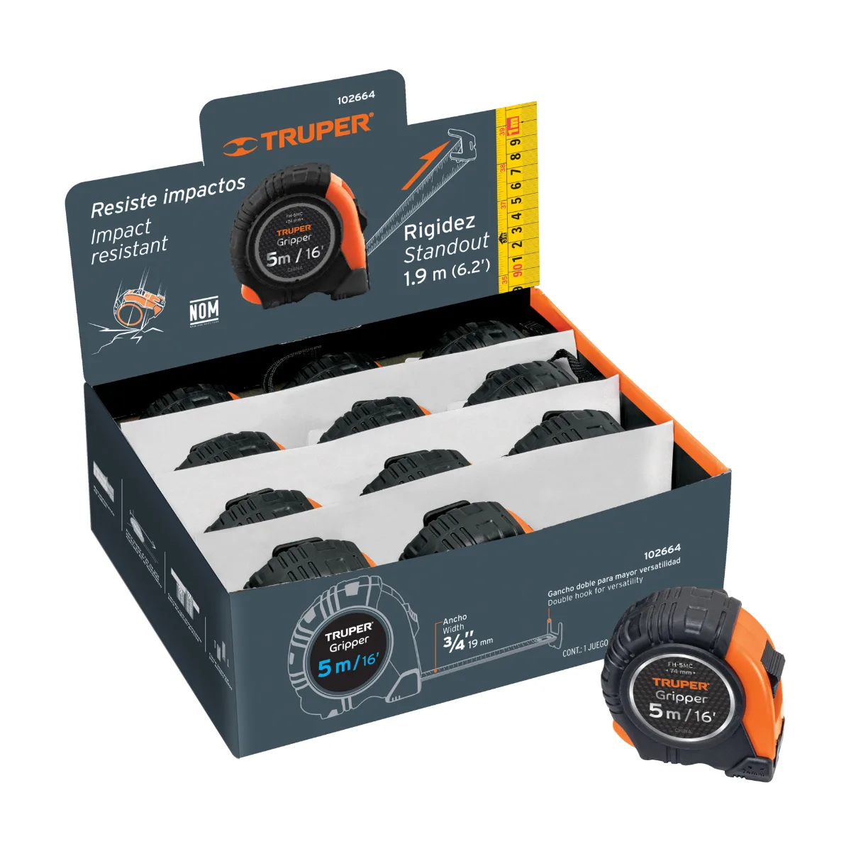Flexómetro Gripper 5 m cinta 13 mm display box con 12 piezas (102664)