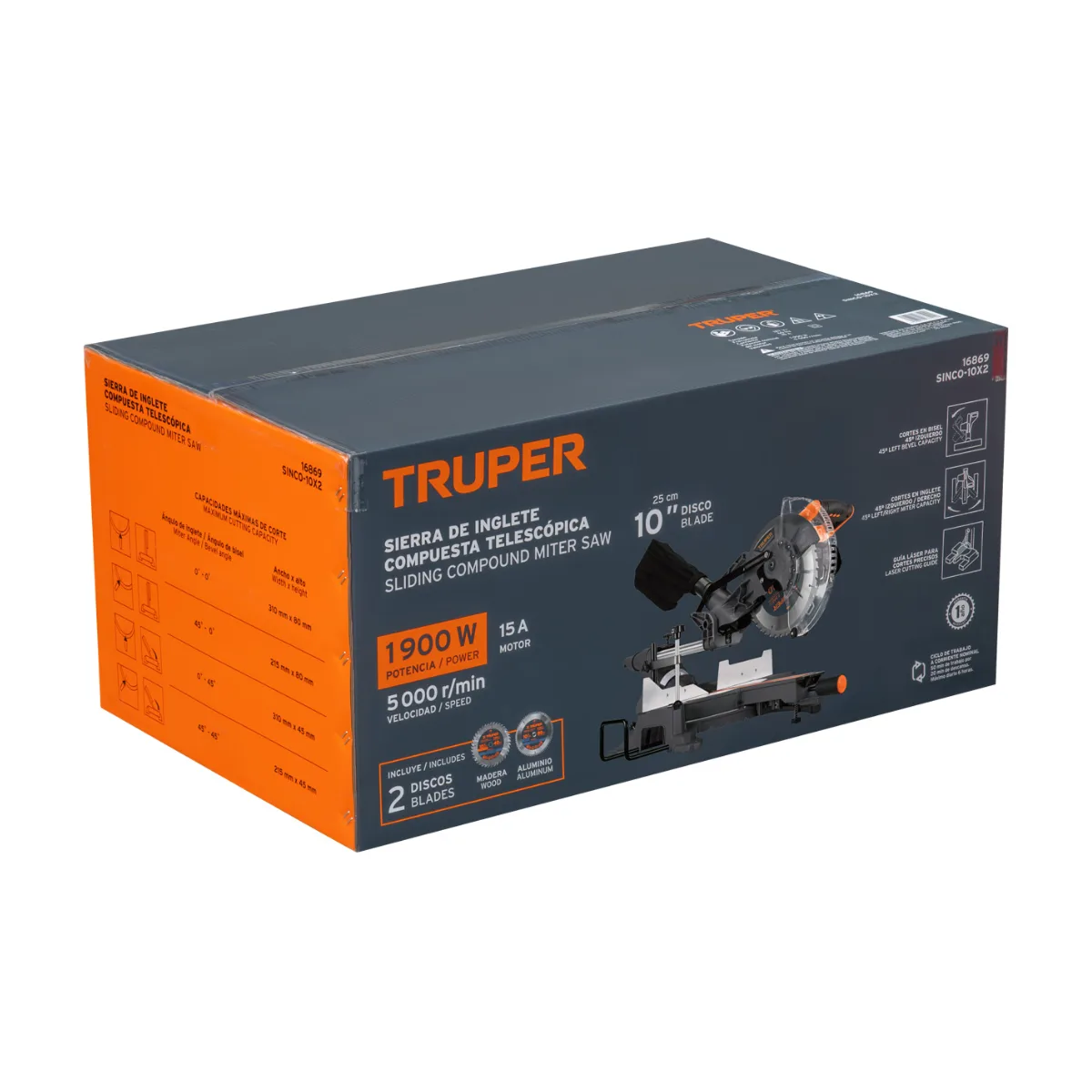Sierra de inglete 10" telescópica compuesta de 1900W, TRUPER (16869)