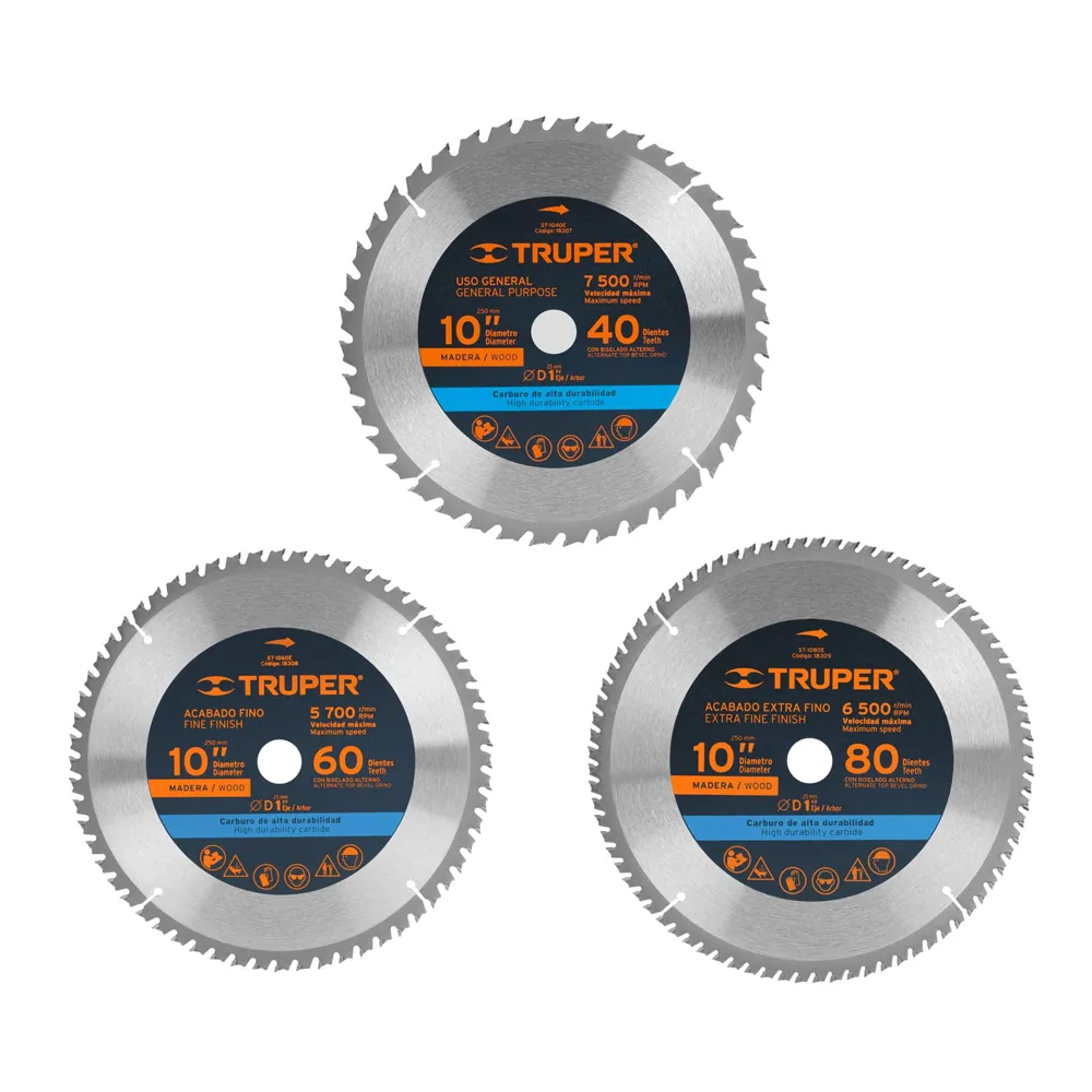 Discos Truper p/sierra diámetro de 10" centro de 1" (40, 60 y 80 dientes)