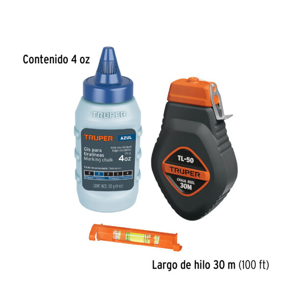 Tiralíneas plástico con gis y nivel 30 m (100 ft), Truper (código-16516) - Imagen 3
